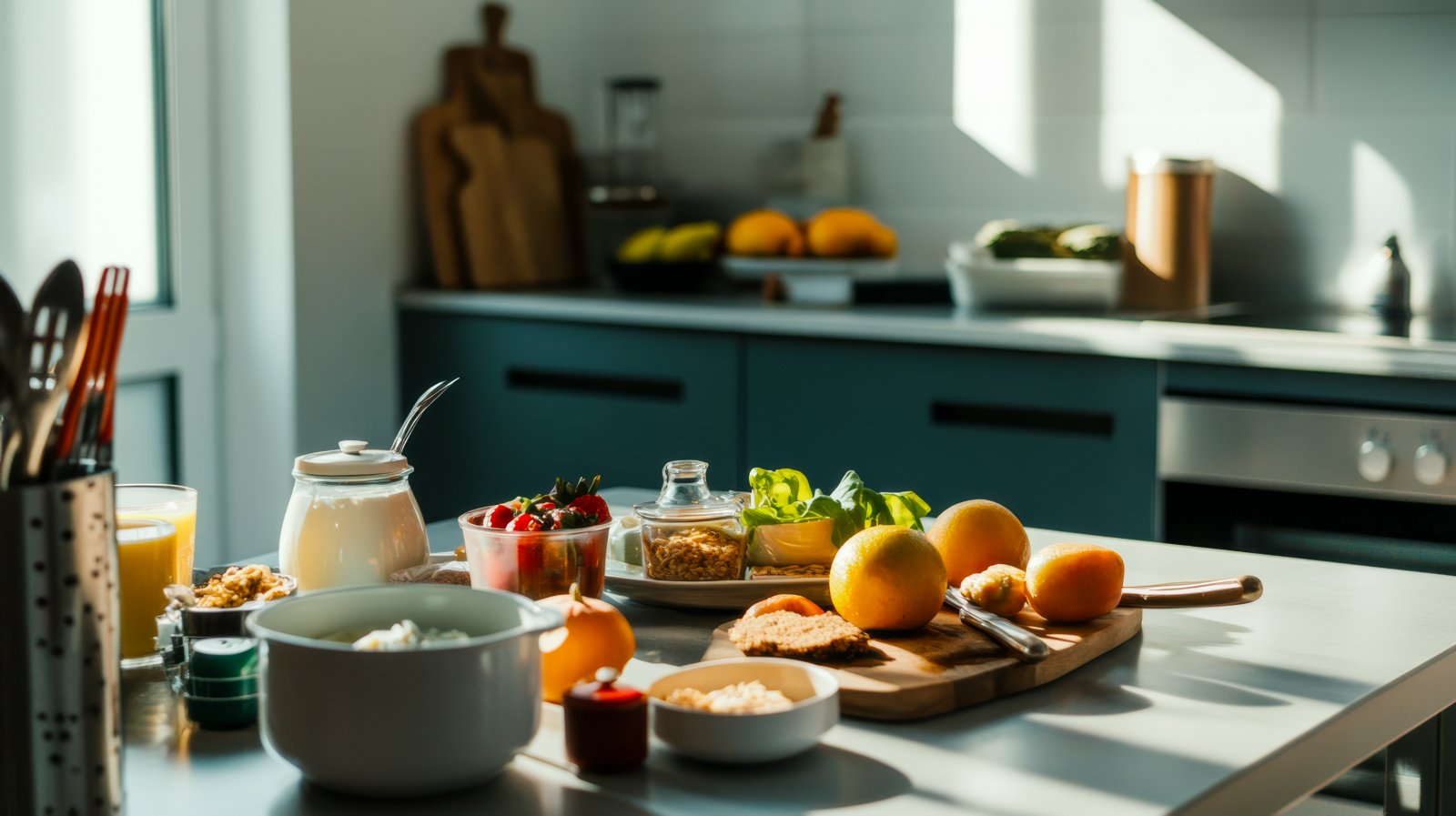 A sunlit kitchen counter with fresh fruit, yoghurt, salad and orange juice laid out for the day